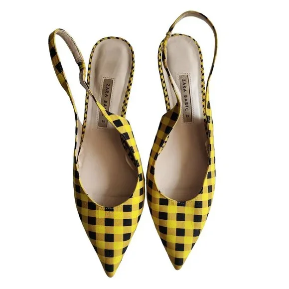 ZARA Women's Yellow/Black Gingham Slingback Pointed Toe Sandals Size 39 - Picture 3 of 9